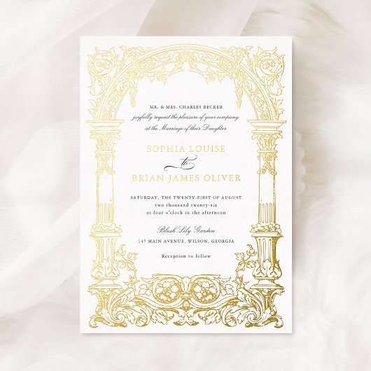 ヴィンテージアーチつる植物オーナメントフレーム実在金ゴールド 箔招待状