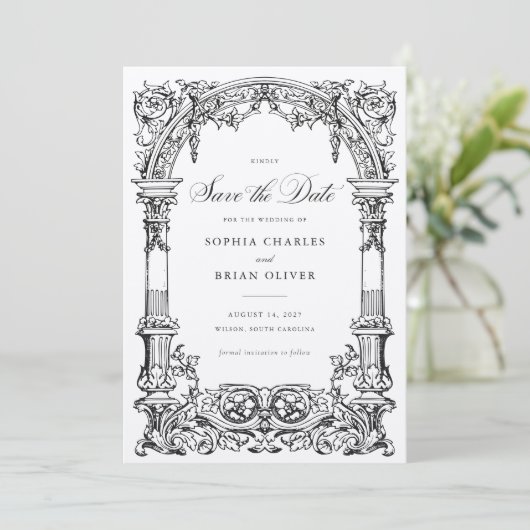 ヴィンテージアーチつる植物オーナメントフレーム日付の保存 招待状 (スタンド正面)