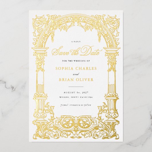 ヴィンテージアーチつる植物オーナメントフレーム日付の保存 箔招待状 (正面)