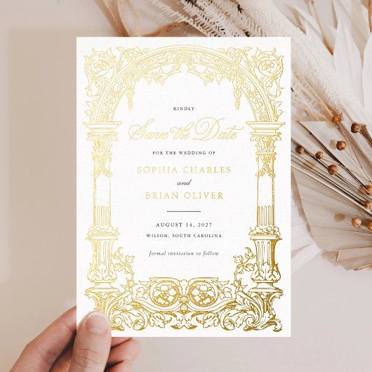 ヴィンテージアーチつる植物オーナメントフレーム日付の保存 箔招待状