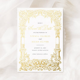 ヴィンテージアーチつる植物オーナメントフレーム日付の保存 箔招待状