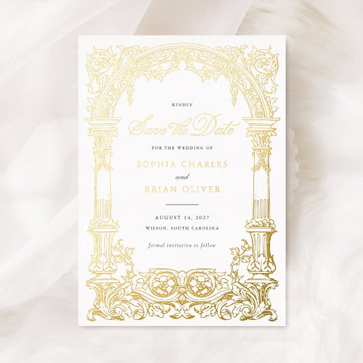 ヴィンテージアーチつる植物オーナメントフレーム日付の保存 箔招待状