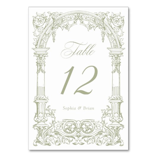 ヴィンテージアーチつる植物フレームセージグリーン結婚ズ テーブルナンバー (正面)