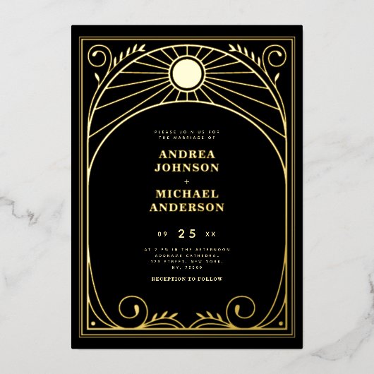 ヴィンテージアーチアールヌーボーアンティーク結婚金ゴールド実在ズ 箔招待状 (正面)