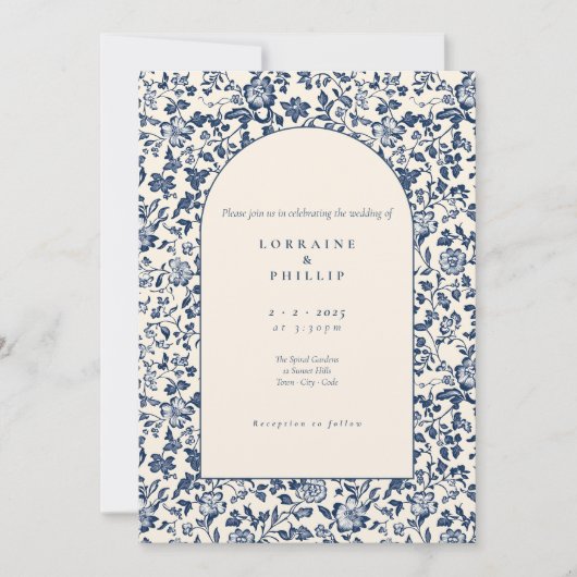 ヴィンテージアーチスタイルブルークリームフローラ結婚ズ 招待状 (正面)