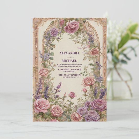 ヴィンテージアーチパープルピンクローズフローラ 招待状 (スタンド正面)