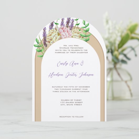 ヴィンテージアーチボホワイルドフラワーパープルブラッシュフローラル 招待状 (スタンド正面)
