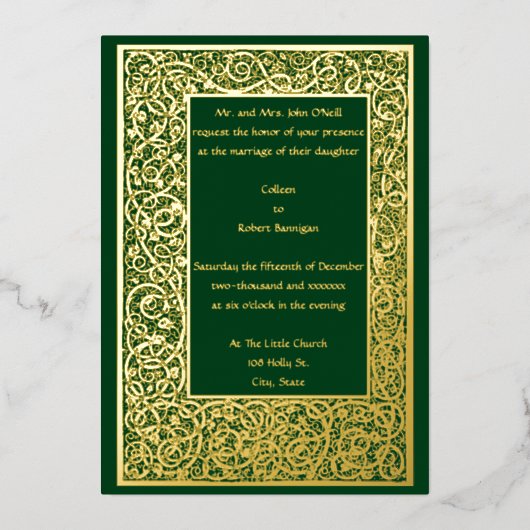 ヴィンテージアーツ&クラフツスクロールフローラつる植物 箔招待状 (正面)