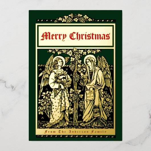 ヴィンテージアーツ&クラフツスタイルクリスマスエンジェル 箔シーズンカード (正面)