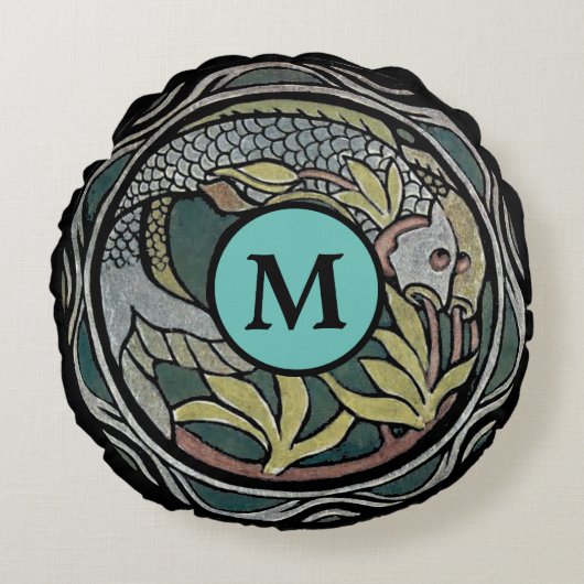 ヴィンテージアーツ&クラフツスタイルコイフィッシュテンプレート ラウンドクッション (正面)