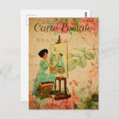 ヴィンテージアーティストがイーゼルに座フランスのる ポストカード (正面/裏面)
