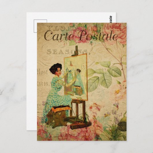 ヴィンテージアーティストがイーゼルに座フランスのる ポストカード (正面/裏面)
