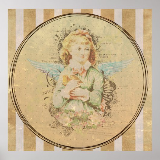 ヴィンテージアートと鳥の天使の女の子の癒しの愛 ポスター (正面)