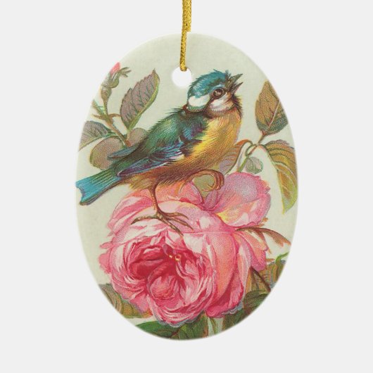 ヴィンテージアートの鳥とバラ セラミックオーナメント (正面)