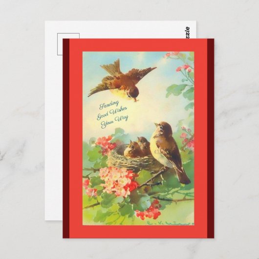 ヴィンテージアートの鳥と花、こんにちは、お祈り ポストカード (正面/裏面)