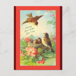 ヴィンテージアートの鳥と花、こんにちは、お祈り ポストカード