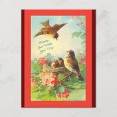ヴィンテージアートの鳥と花、こんにちは、お祈り ポストカード (正面)