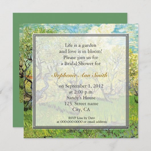 ヴィンテージアートオーチャードインブロッサムブライダルシャワーパーティー 招待状 (正面/裏面)