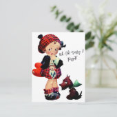 ヴィンテージアートガールレッドプレイドハート犬 | ポストカード (スタンド正面)