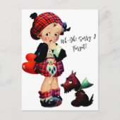 ヴィンテージアートガールレッドプレイドハート犬 | ポストカード (正面)