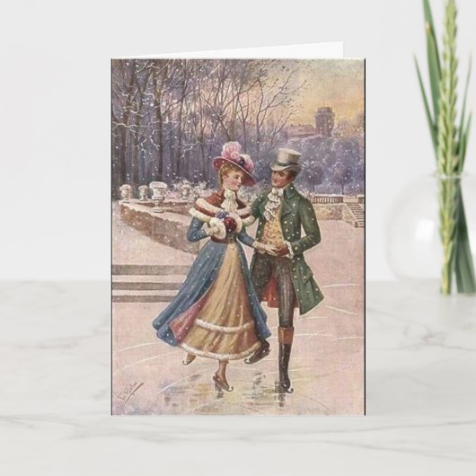 ヴィンテージアートクリスマスアイススケートで滑る シーズンカード (正面)