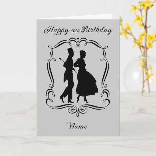 ヴィンテージアートシルエットマンウーマン誕生日 カード (黄色い花)