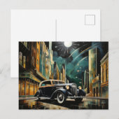 ヴィンテージアートデコスタイルの車が月光の下を走る ポストカード (正面/裏面)