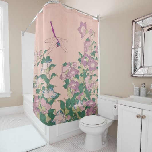 ヴィンテージアートドラゴンフライと花絵画の数 シャワーカーテン (インサイチュ)