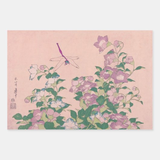 ヴィンテージアートドラゴンフライと花絵画の数 ラッピングペーパーシート (正面2)