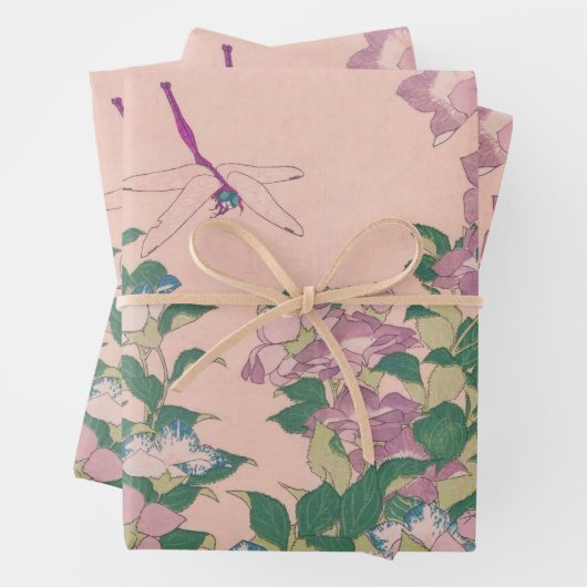 ヴィンテージアートドラゴンフライと花絵画の数 ラッピングペーパーシート (インサイチュ)