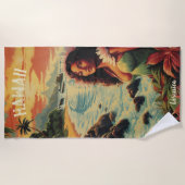 ヴィンテージアートハワイビーチハワイアンガール ビーチタオル (正面)