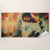 ヴィンテージアートハワイビーチハワイアンガール ビーチタオル (正面)