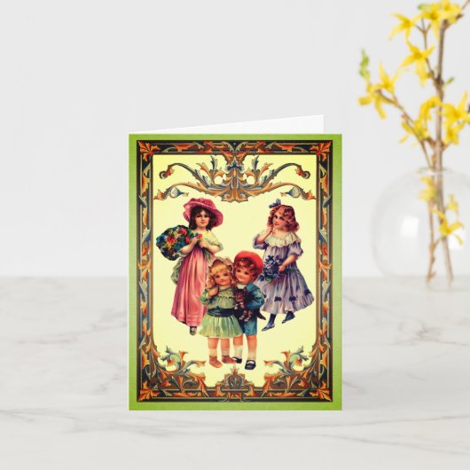 ヴィンテージアートビクトリアン子ノートカード カード (黄色い花)