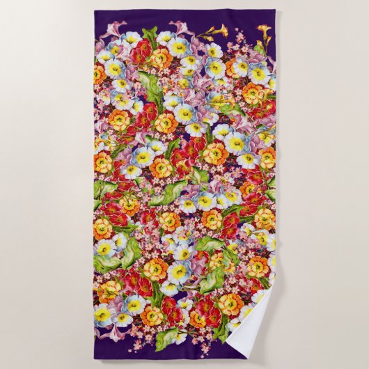 ヴィンテージアートフローラルパターン春の花ズプリムローズ ビーチタオル (正面)