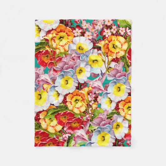 ヴィンテージアートフローラルパターン春の花ズプリムローズ フリースブランケット (正面)