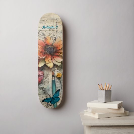 ヴィンテージアートフローラ&バタフライスケートデッキ スケートボード (ウォールアート)