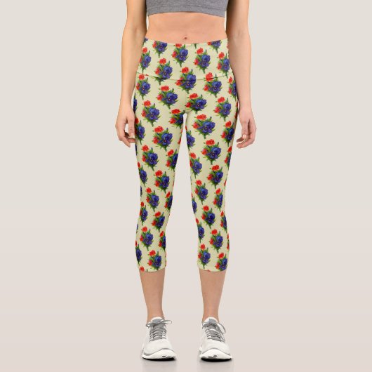 ヴィンテージアートブルーアイリスフラワーブーケパターン カプリレギンス (正面)