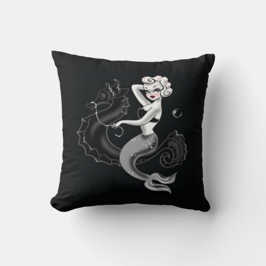 ヴィンテージアートプリント人魚シーホース枕 クッション (正面)