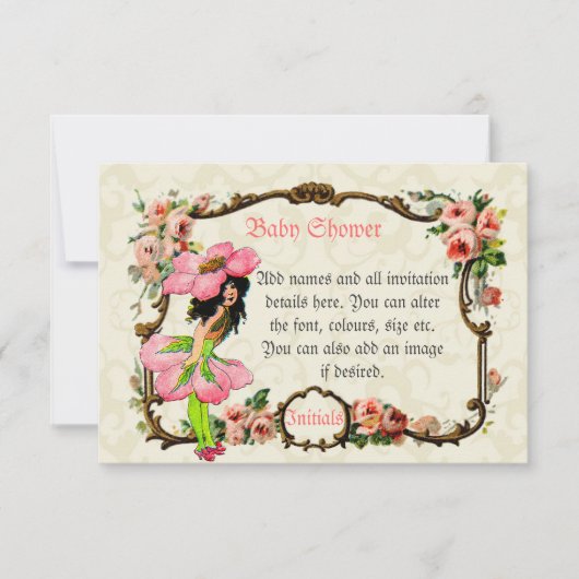 ヴィンテージアート素晴らしピンクの妖精の赤ちゃん女の子シャワー 招待状 (正面)