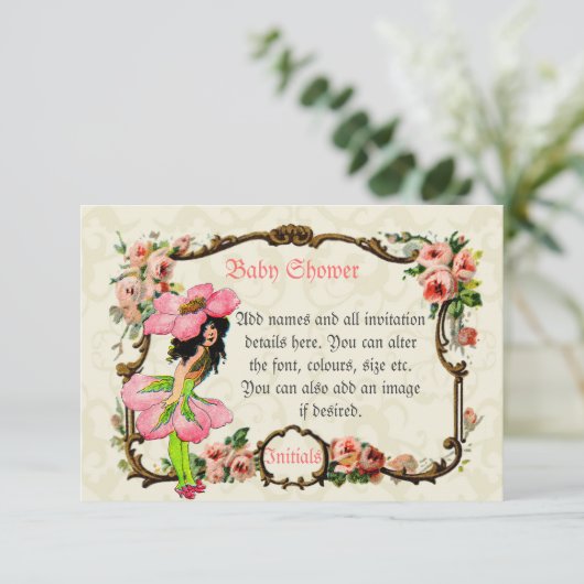 ヴィンテージアート素晴らしピンクの妖精の赤ちゃん女の子シャワー 招待状 (スタンド正面)