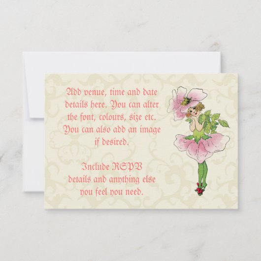 ヴィンテージアート素晴らしピンクの妖精の赤ちゃん女の子シャワー 招待状 (裏面)