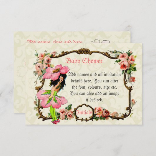 ヴィンテージアート素晴らしピンクの妖精の赤ちゃん女の子シャワー 招待状 (正面/裏面)