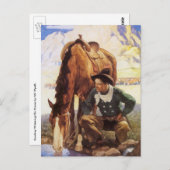 ヴィンテージアート，カウボーイがNCワイスで馬に水をやる ポストカード (正面/裏面)