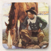 ヴィンテージアート、カウボーイNC Wyethによって彼の馬を散水 コースター (正面)