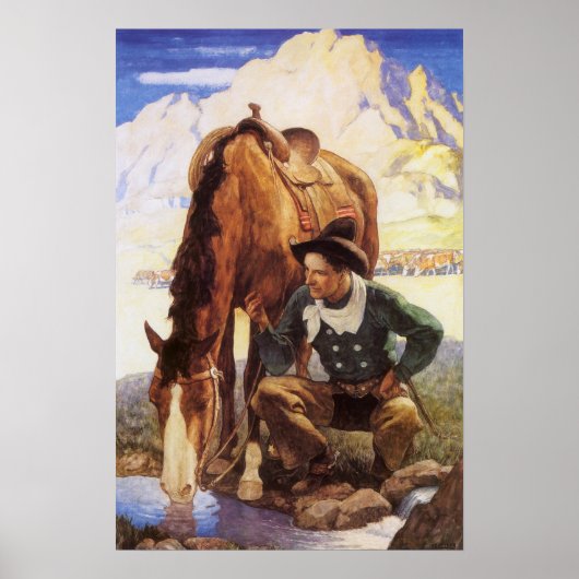 ヴィンテージアート、カウボーイNC Wyethによって彼の馬を散水 ポスター (正面)