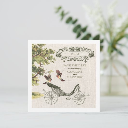 ヴィンテージアートBurlapテクスチャ日付の結婚保存 招待状 (スタンド正面)