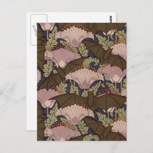 ヴィンテージアールデコこうもりと花 ポストカード (正面/裏面)