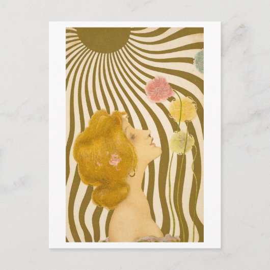 ヴィンテージアールデコの花と太陽の女性 ポストカード (正面)