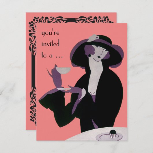 ヴィンテージアールデコアフタヌーンティーブライダルシャワーパーティー 招待状 (正面/裏面)