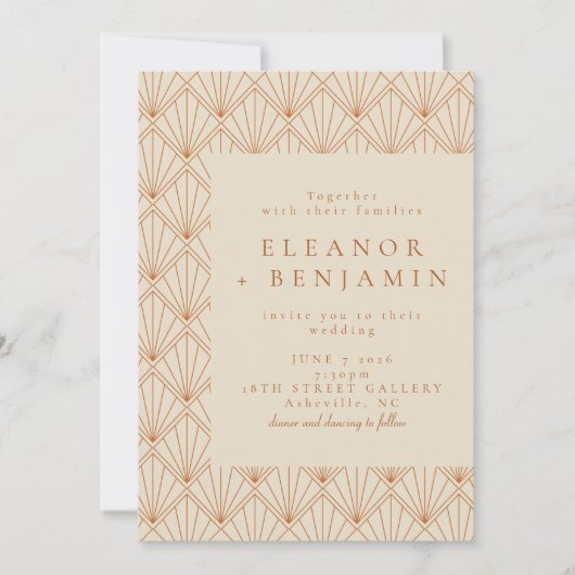 ヴィンテージアールデコアートバーンドオレンジエレガントな結婚式 招待状 (正面)